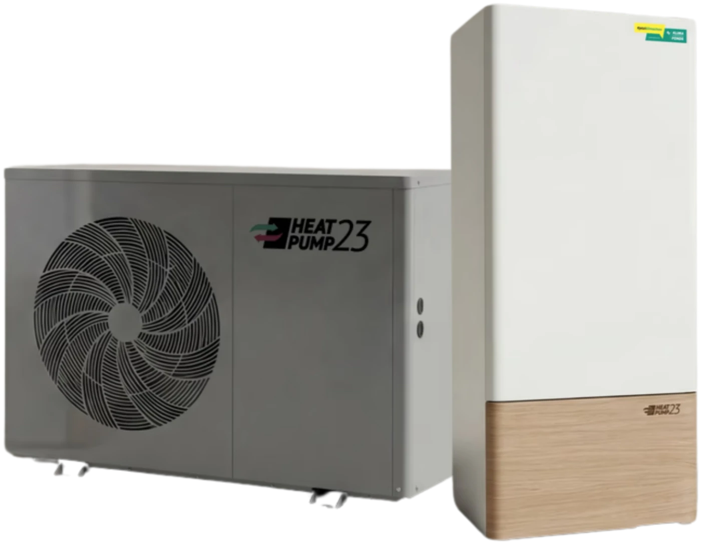 HeatPump23: Außeneinheit mit Ventilator und helle Inneneinheit mit Holzdekor